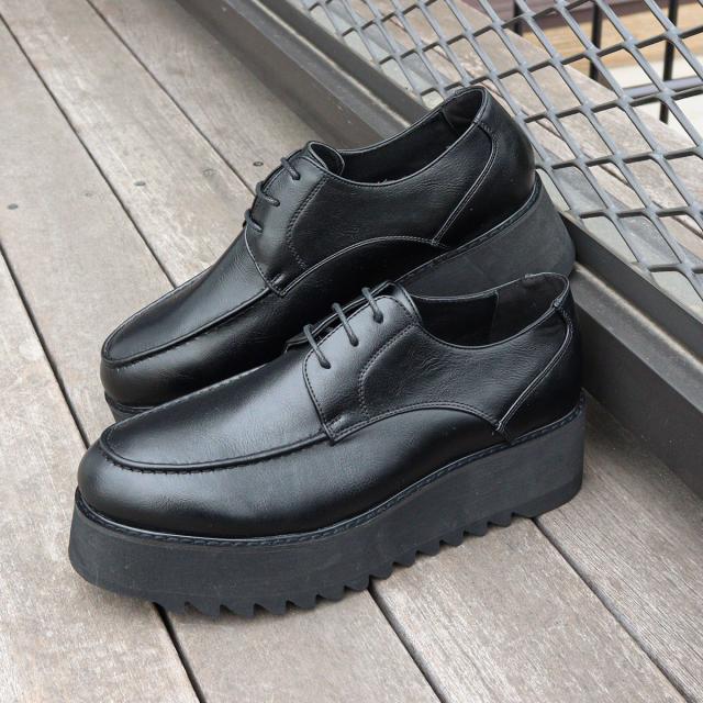 カジュアルシューズ メンズ Uチップ 紐靴 厚底 6cmヒール 防滑 シャークソール 3E 合皮 PUレザー 身長アップ No.1732 25cm-27cm 黒 ラブハンター カジュアルシューズ メンズ Uチップ 紐靴 厚底 6cmヒール 防滑