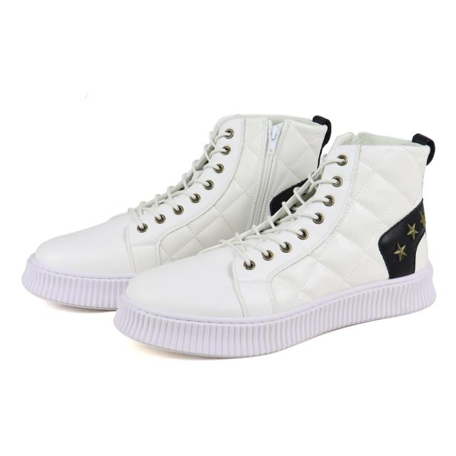 スニーカー メンズ ハイカット レースアップ サイドジップ 3E 履きやすい 歩きやすい 合成皮革 PUレザー カジュアル おしゃれ デザイン 星 スター 3cmヒール No.1889 25.0cm〜28.0cm 黒 ブラック 白 ホワイト LOVEHUNTER ラブハンター