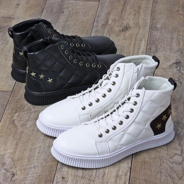 スニーカー メンズ ハイカット レースアップ サイドジップ 3E 履きやすい 歩きやすい 合成皮革 PUレザー カジュアル おしゃれ デザイン 星 スター 3cmヒール No.1889 25.0cm〜28.0cm 黒 ブラック 白 ホワイト LOVEHUNTER ラブハンター