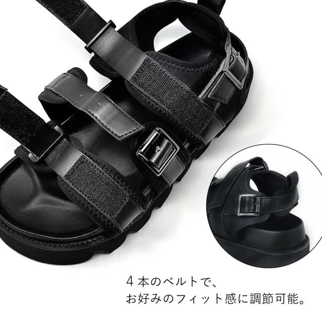 スポーツサンダル ベルトストラップ マジックテープ メンズ キャタピラーソール 合皮 履きやすい 春夏 4.5cmヒール No.1962 25.0cm-27.5cm 黒 ラブハンター スポーツサンダル ベルトストラップ マジックテープ メンズ