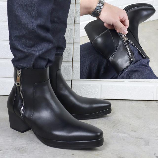 ブーツ ダブルジップ　プラットフォームソール 厚底 プレーントゥ メンズ No.6830 25.0cm〜27.0cm 黒 ブラック LOVEHUNTER ラブハンター