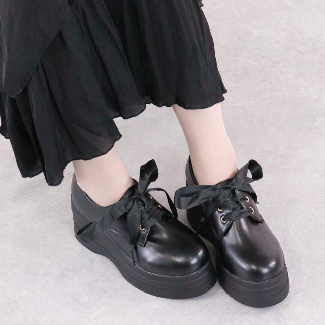 レースアップシューズ レディース 厚底 2way サテン紐 歩きやすい 8cm 
