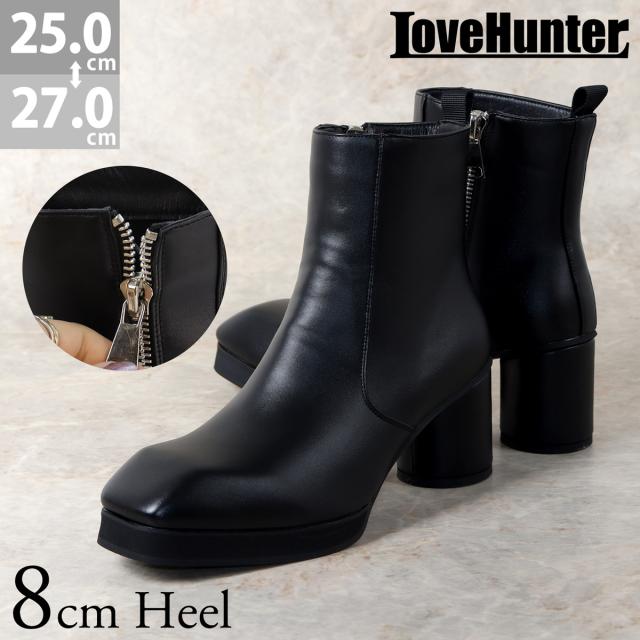 ブーツ メンズ ショート スクエアトゥ サイドジップ 円柱ヒール 8cmヒール 着脱簡単 合皮 3E 秋 冬 No.6837 25cm-27cm 黒 ブラック ラブハンター