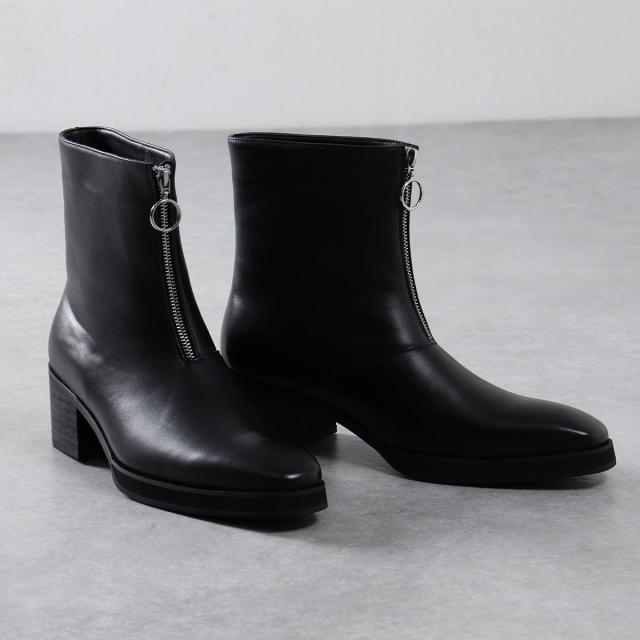 ブーツ メンズ ショート フロントジップ 太めヒール 6cmヒール リング