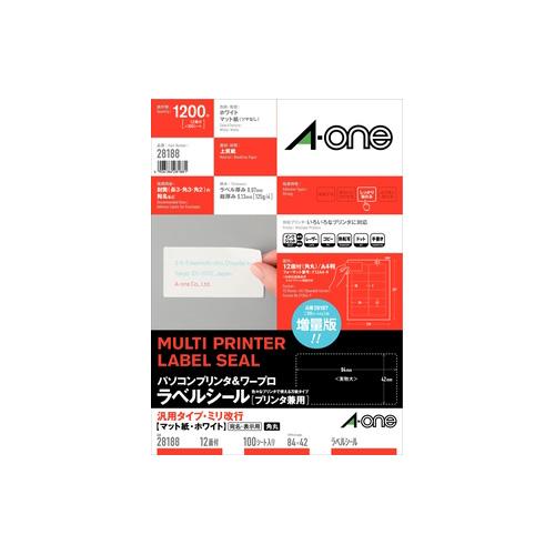 今だけお得な サンプルカード付!!エーワン パソコンプリンタ＆ワープロラベル A4 汎用タイプ・ミリ改行 12面用 100シート28188の通販は 4,544円