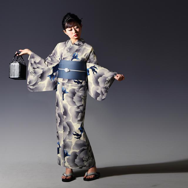 浴衣 2点セット モダン レディース 古典 椿 黒 白 生成り アイボリー