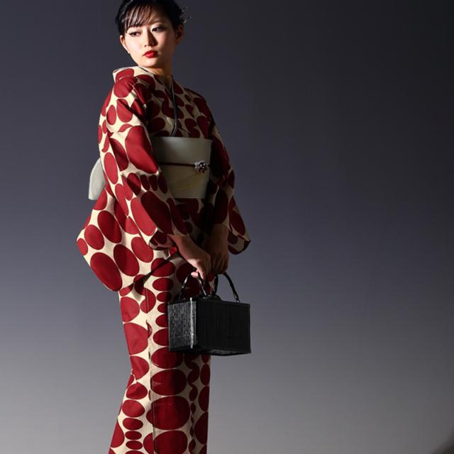 25D027 ファッション 浴衣・帯セット 椿柄 水玉