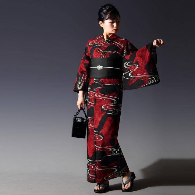 浴衣2点セット(浴衣+帯）選べる柄 レディース フリー 本よろけ縞 金魚