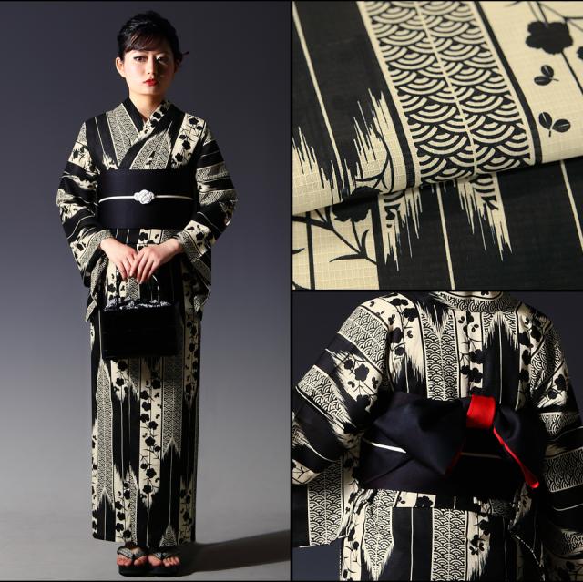 浴衣2点セット(浴衣+帯）選べる柄 レディース フリー 本よろけ縞 金魚