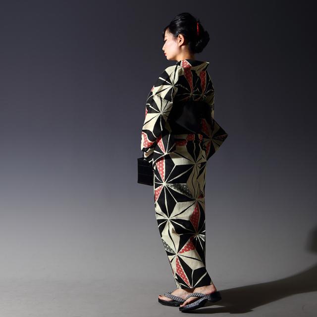 浴衣3点セット(浴衣+帯+下駄）レディース フリー 麻の葉 古典柄 赤 黒