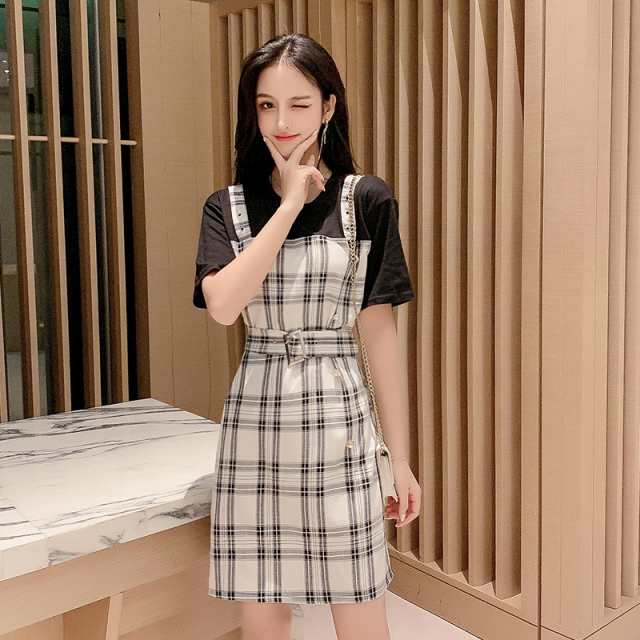 ワンピース レディース ひざ上 モノクロ サロペット チェック 重ね着 Tシャツ おでかけ 夏の通販はau Pay マーケット Adono アドゥーノ