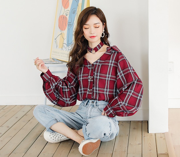 トップス レディース Vネック シャツ チェック チョーカー 長袖 カジュアル ゆったり ボリューム 袖 大人 襟 可愛い 春 秋 冬の通販はau Pay マーケット Adono アドゥーノ