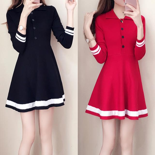 ワンピース レディース 長袖 襟 ニット ミニ ひざ上 フレア 無地 シンプル ライン スポーティー カジュアル ポロシャツ 大人 春 秋 冬の通販はau Pay マーケット Adono アドゥーノ