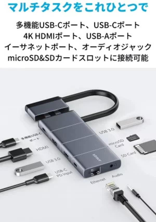 Anker PowerExpand 9-in-2 USB-C メディア ハブ 4K HDMIポート 100W出力 PD対応 USB-Cポート 多機能USB-Cポート USB-Aポート 1Gbps イーサネット 3.5 mm オーディオジャック microSD & SDカード スロット搭載 MacBook Pro_2