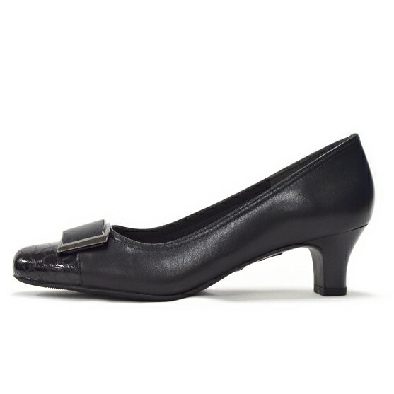 日本製 本革 スクエアトゥ 4E ベルトデザインパンプス 5.0cm ミドルヒール  S-1207 ゆったり 幅広 ワイズ 4E レディース 靴 痛くない 美脚 通勤 歩きやすい 黒 ブラック 【送料無料】