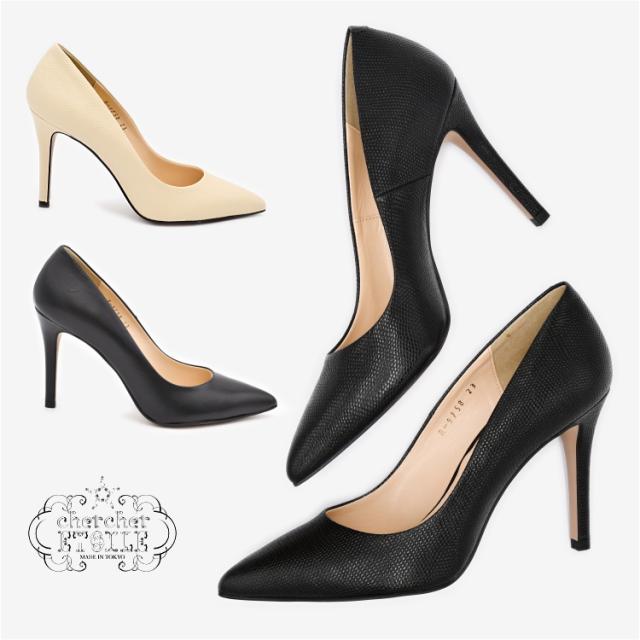 ポインテッドトゥパンプス 9.5cm ハイヒール R-9758 ブラック リザード 型押し 結婚式 二次会 パーティ 入学式 卒業式 痛くない 本革 浅草製 日本製 レディース 靴 美脚 通勤