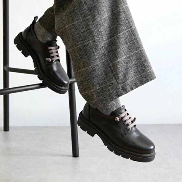 BUENO SHOES ブエノシューズ ゴムレースシューズ F1601 厚底 本革 レザー レースアップシューズ トルコ製 ブーツ トラックソール ブラック_6