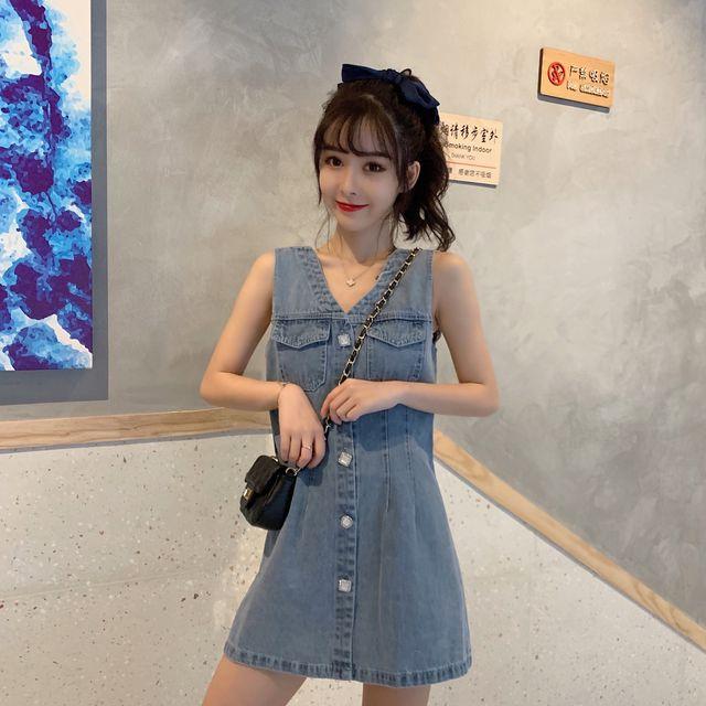 レディース ワンピース 夏 ノースリーブ デニムワンピース デニム フロントボタン Vネック ミニ丈 ミニワンピース フェミニン ガーリー の通販はau Pay マーケット Happy Orurea ハッピーオルレア