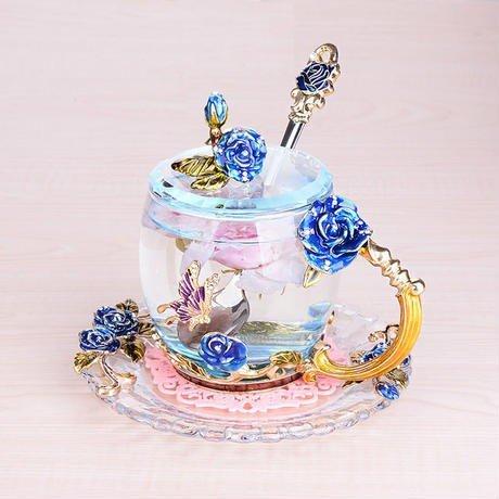 ガラス製ティーカップ 4点セット 薔薇 姫系 洋食器 コーヒーカップ ティーセット ゴージャス フェミニン