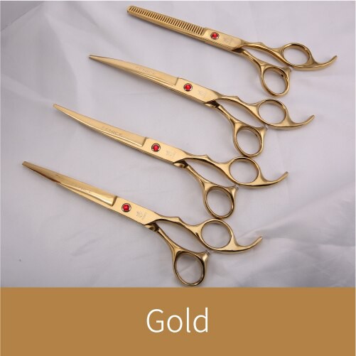 トリミング ハサミ 犬 猫 ペット Fenice Japan 440C ステンレス鋼 はさみセット ストレート 細く湾曲 Gold 7.0インチ