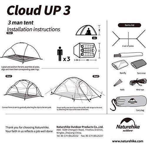 Naturehike テント 3人用 Cloudup３ 二重層 超軽量 防風防水 通気性 4シーズン アウトドア 持ち運び_4