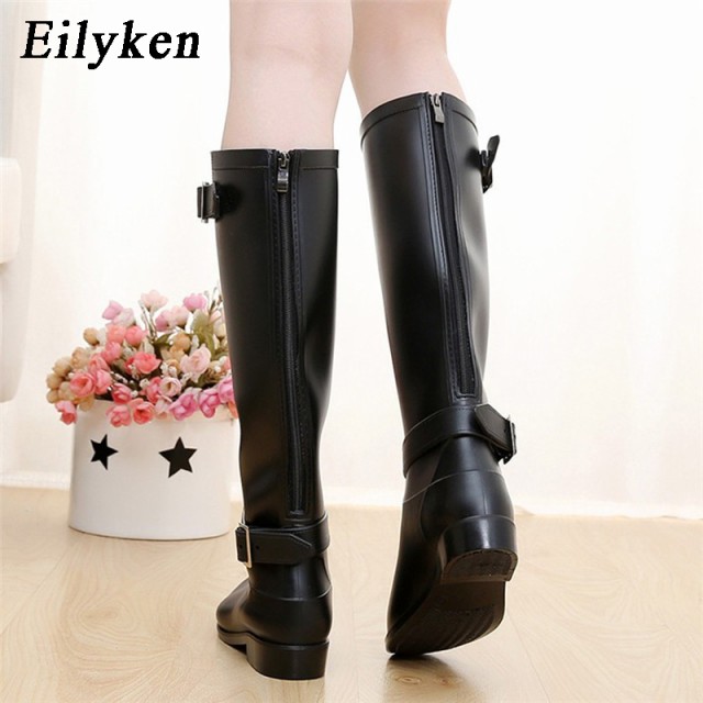 パンクスタイルジッパー 背の高いブーツ レディースレインブーツ ラバーウォーターシューズ ブラック パンクスタイルジッパー 背の高いブーツ レディースレインブーツ