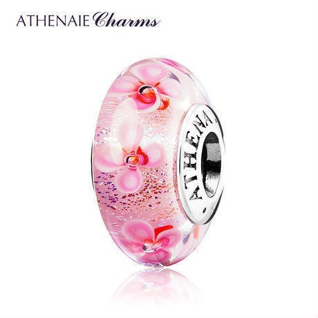 ATHENAIE パンドラ適合 ビーズチャーム シルバー925 ムラーノガラス Murano 925Silver Charm Bead Fit Pandora ピンク 野の花の通販は