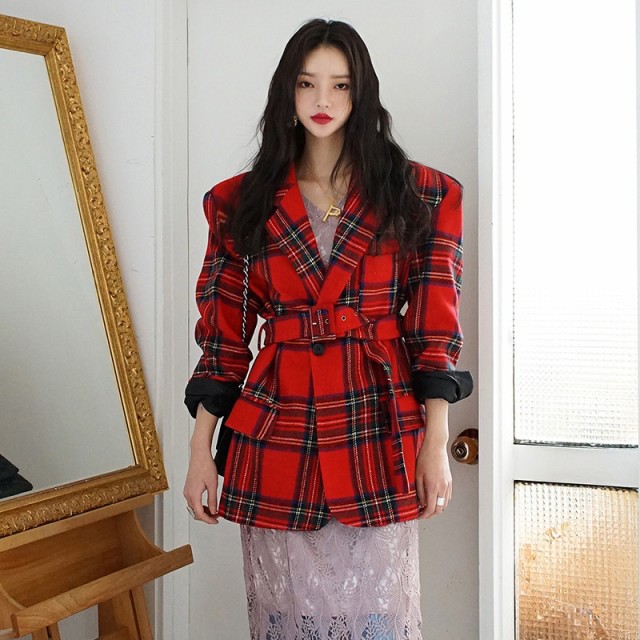 レディースファッション ヴィンテージダブルブレストオフィスレディースチェック柄ブレザーベルト付き長袖スーツコートジャケット女性ブ