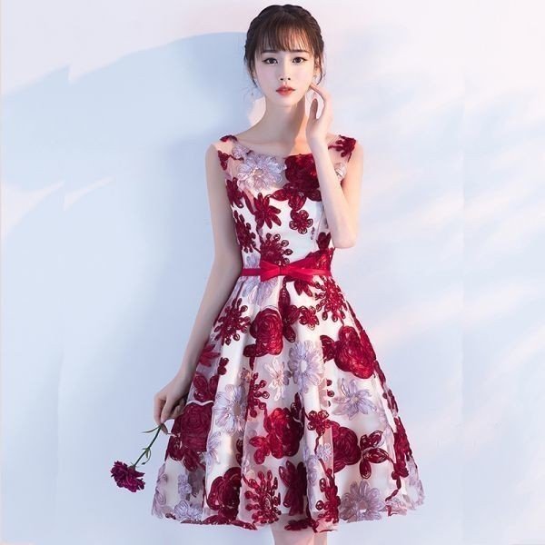 パーティドレス 結婚式ドレス ワンピース ノースリーブ ミニドレス 赤 フォーマル