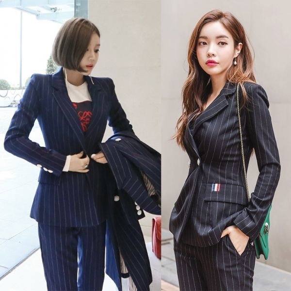 パンツスーツ レディース おしゃれ 秋冬 ストライプ柄 上下2点セット 通勤 通学 面接会