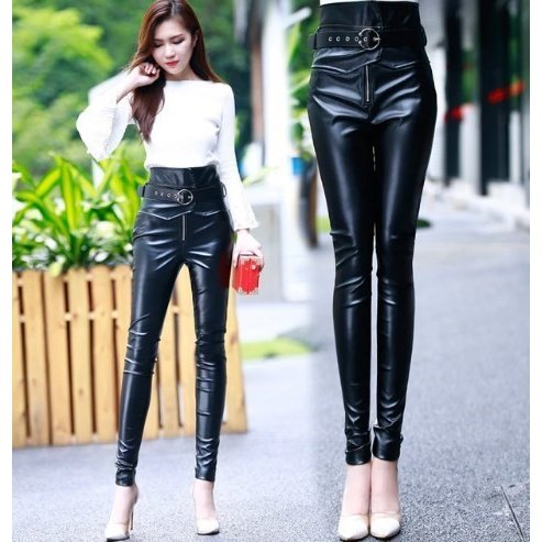 レギンス レディース ハイウエスト PUレザー ブラックカラー ペンシルパンツ ワッフルファブリック クールテイスト S〜Lの通販は 5,391円