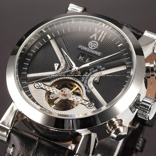 Forsiningトゥールビヨンクラシックデザインカレンダーディスプレイゴールデンベゼル本革自動巻き Black Silverの通販は 9,370円