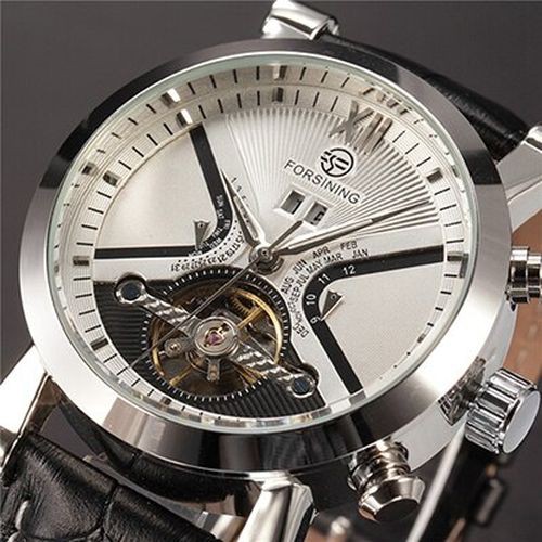 Forsiningトゥールビヨンクラシックデザインカレンダーディスプレイゴールデンベゼル本革自動巻き White Silver