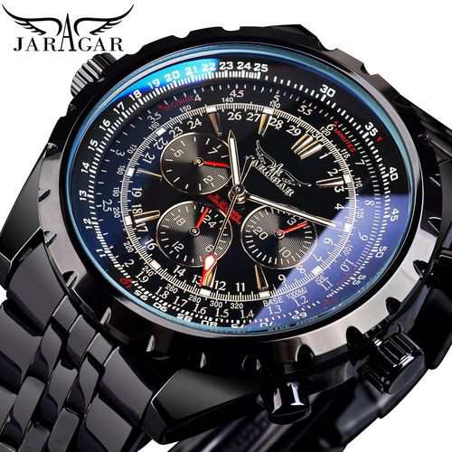 Jaragar-男性用の青いガラスの時計黒い銀の自動巻き時計