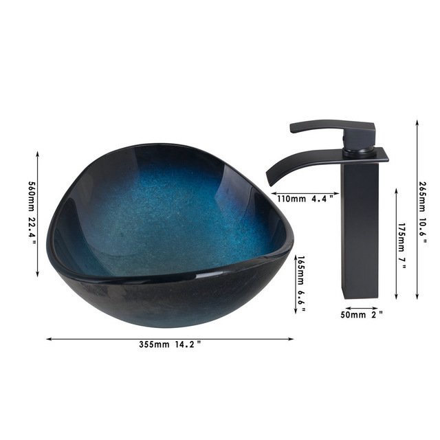 KEMAIDI滝注ぎ口盆地黒蛇口+浴室のシンク洗面器強化ガラス手塗りの油でこすり青銅仕上げ蛇口