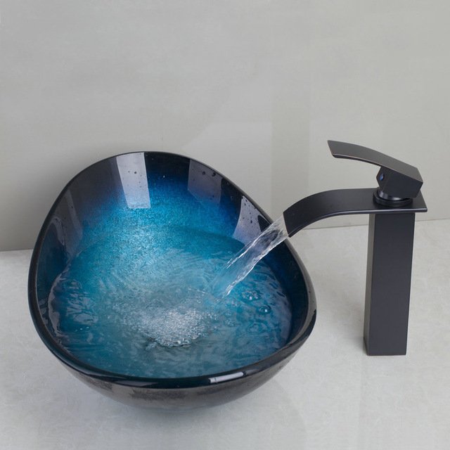 KEMAIDI滝注ぎ口盆地黒蛇口+浴室のシンク洗面器強化ガラス手塗りの油でこすり青銅仕上げ蛇口