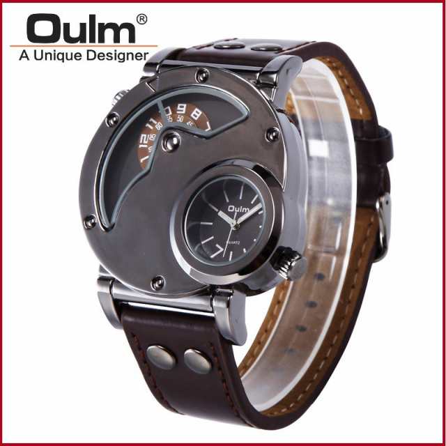 腕時計 メンズ Oulm 海外ブランド クオーツ スチームパンク 防水 レザーバンド 選べる4色 2タイムゾーン