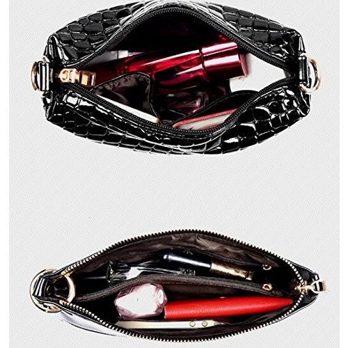 ハンドバッグ レディース ショルダーバッグ ポーチ ワニ革風 エナメル 3点セット (ボルドー) ハンドバッグ レディース ショルダーバッグ ポーチ ワニ革風 エナメル