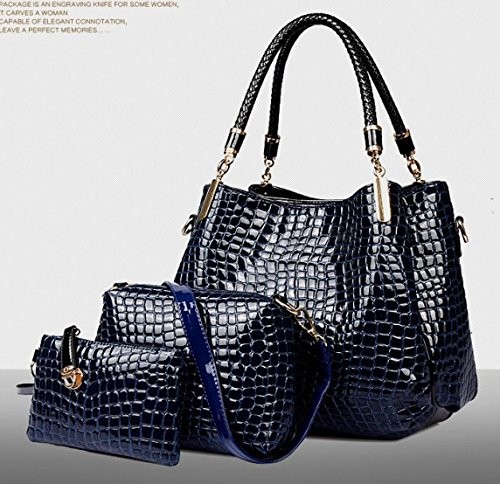 ハンドバッグ レディース ショルダーバッグ ポーチ ワニ革風 エナメル 3点セット (ネイビー)