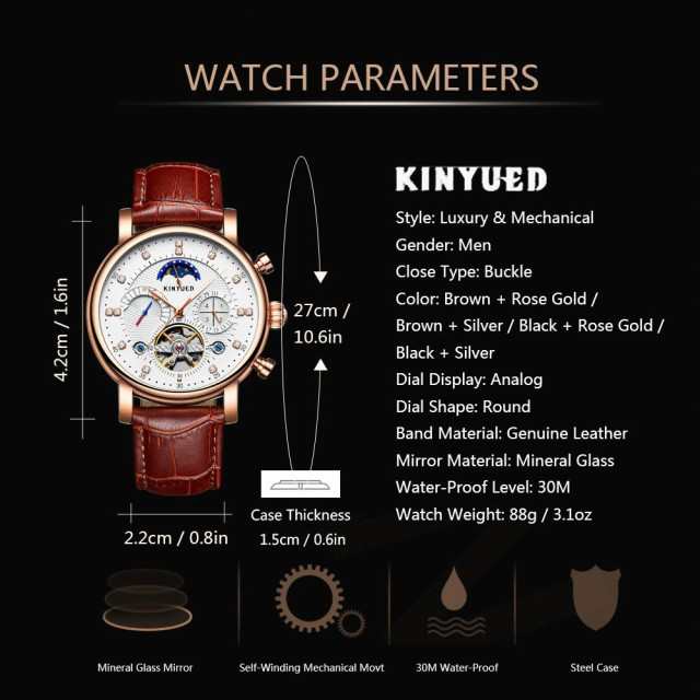腕時計 メンズ 高級 レザーベルト 海外ブランド 自動巻き ムーンフェイズ トゥールビヨン スケルトン レザー 茶 銀 KINYUED