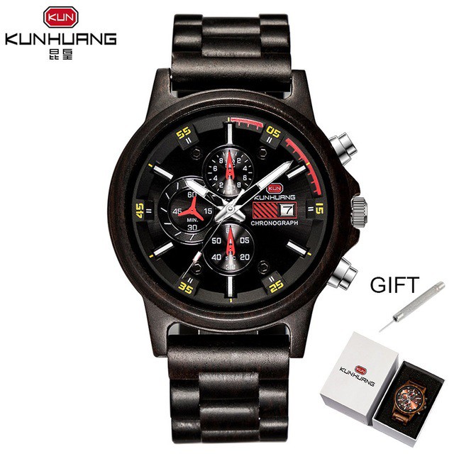 メンズ腕時計 防水 木製 クロノグラフ ルミナスハンズ ミリタリー ファッション ギフト KUNHUANG