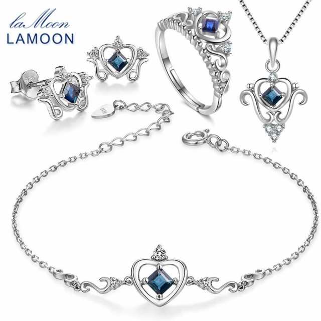 ジュエリーセット 指輪 ピアス ネックレス 4PCS ブルーサファイア 925 スターリングシルバー LAMOON