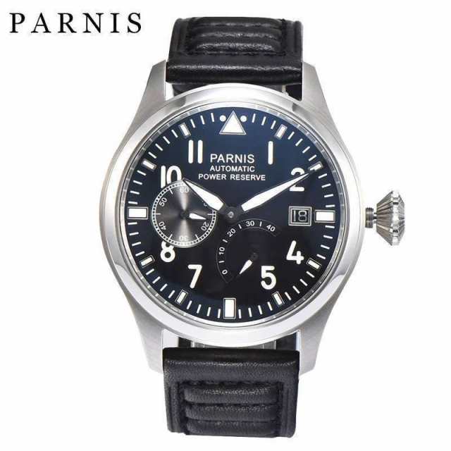 腕時計 メンズ 防水 PARNIS 機械式自動巻き デイトカレンダー パワーリザーブインジケーター シースルーバック ブラックの通販は
