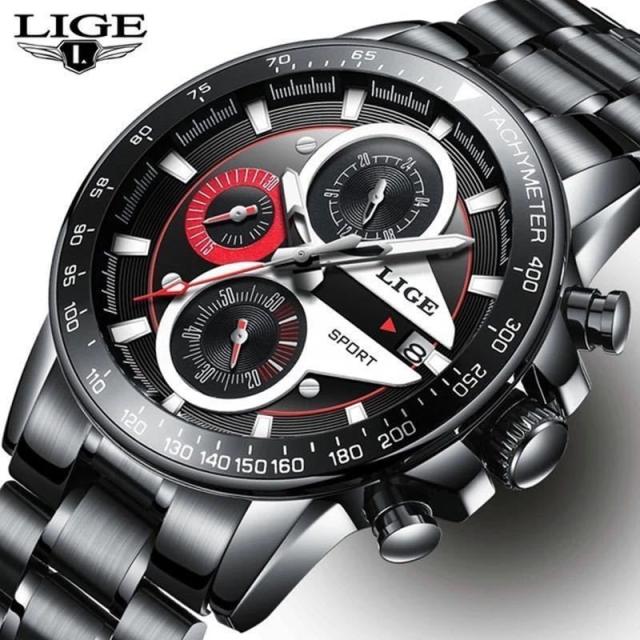 腕時計 メンズ 防水 海外ブランド LIGE 9835 クロノグラフ スポーツウォッチ レザーバンド レッド