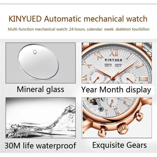 腕時計 メンズ 防水 KINYUED トゥールビヨン フルオートマチック 機械式 カレンダー ウィーク 多機能_2