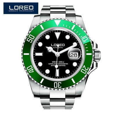 送料無料☆LOREO メンズ高級腕時計 グリーン クロノグラフ 水深200m防水 サファイアクリスタル 自動巻き ステンレススチール