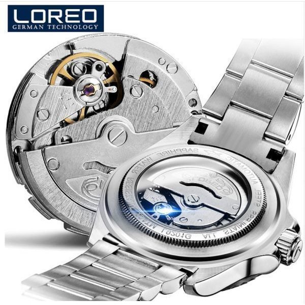 送料無料☆LOREO メンズ高級腕時計 グリーン クロノグラフ 水深200m防水 サファイアクリスタル 自動巻き ステンレススチール_2