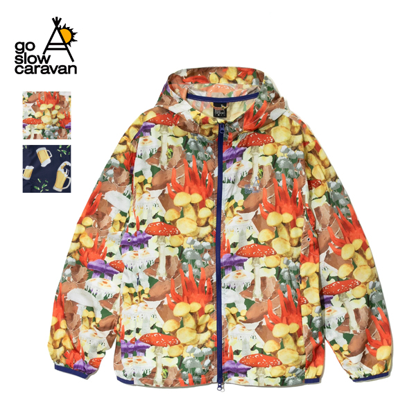 ゴースローキャラバン / マイクロリップポリエステル 目立っちゃぶるパーカー JKT / 340213 / 総柄 / キノコ柄 / ビールとたたききゅうり柄 / メンズ / マイクロリップ素材 / ジャケット / パーカー / 収納 / コンパクト / go slow caravan / 2025春夏