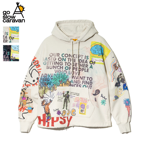 go slow caravan ゴースローキャラバン / 空紡糸裏毛 落描きMIX ヘムスピンドルBOXフーディー / 352612 / パーカー / プリント / コットン / メンズ / 2025秋冬