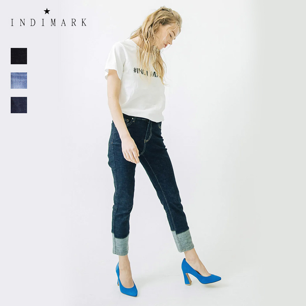 インディマーク INDIMARK / 折り返し風デザイン ボーイフレンドデニム / インディゴ WJ005 / ブリーチ WJ007 ブラック WJ012 / レディース / デニム ジーンズ ジーパン / ストレッチ / ウエストゴム